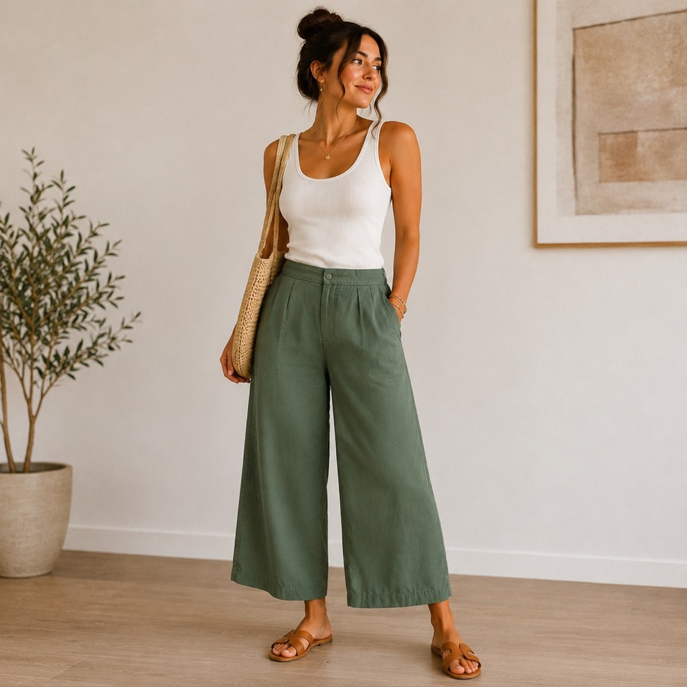 LOFT Olive Green Wide Leg Crop Pants Size Small